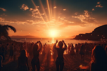 A crowd of people dancing and having fun at a beach party at sunset. Vacation concept. Generated by artificial intelligence