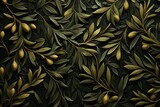 Fototapeta Perspektywa 3d -  a close up of leaves and olives on a black background with a gold leaf pattern on the left side of the image.