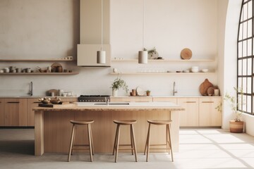  a kitchen with two stools in front of a counter with pots and pans on it and a window in the background.