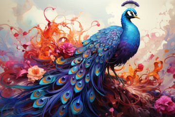  a painting of a peacock with colorful feathers and flowers on a white and blue background with pink, red, orange, and pink flowers.