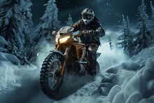 A Motorcycle Racer Is Racing In The Night Forest, A Beautiful Winter Landscape With Snow And Snowdrifts, Wildlife