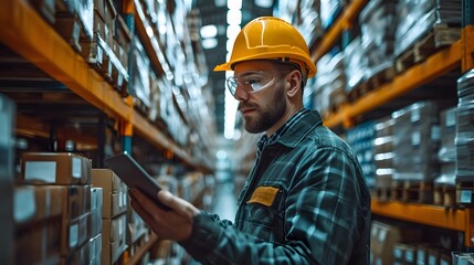 Wall Mural - worker in a hard hat displaying a tablet. workers in factory. worker in warehouse