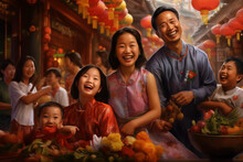 Smiling Asian Family During An Asian Party. Asian Festival And Tradition. Culture, Celebration And Asian Cuisine.
​China. Japan. AI.
​​
