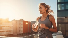 Young Women Jogger With Water Bottle In Early Morning Spring Sunshine Running In Town Centre. Concept Healthy Living.