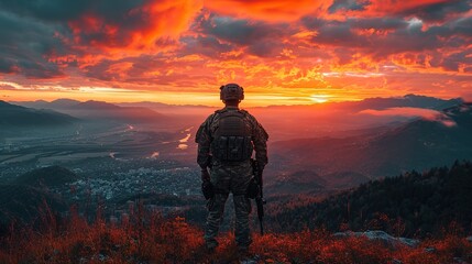 Silhouettes of army soldiers in the fog against a sunset, marines team in action