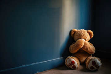 Wall Mural - Concealing the Pain: Illustrating the Concept of Child Abuse with a Teddy Bear Shielding Its Eyes