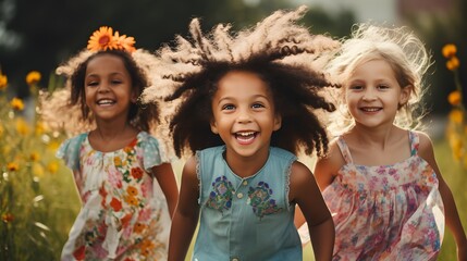 Diverse children run together through the fields at sunset