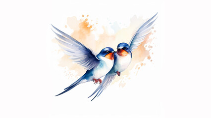 watercolor pair of cute swallows in love playfully flying around each other, white background