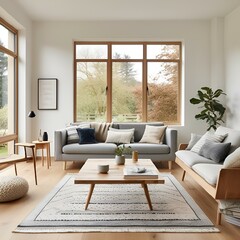 Wall Mural - AI generated illustration of a contemporary living room with wooden furnishings and sleek rug