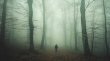 Silhouette Walking In A Foggy Forest