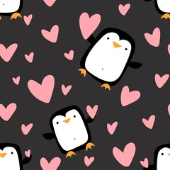 Valentines hearts seamless penguin and love pattern for wrapping paper and fabrics and linens and kids clothes