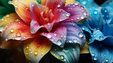 Gros Plan, Zoom Sur Une Fleur Multicolore, Avec Des Petites Gouttes D'eau. Nature, Plante, Arc-en-ciel, Pluie. Macro. Pour Conception Et Création Graphique.