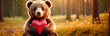 Brown Teddy Bear Holding Red Heart - Gift Of Love For Someone Special. An Adorable Brown Teddy Bear Grasping A Red Heart-shaped Symbol Of Love And Affection.