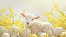 AI Generated Illustration Of A Cute Lamb Rests Amidst A Vibrant Collection Of Easter Eggs