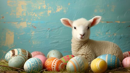 Wall Mural - AI generated illustration of a lamb seated beside Easter eggs in its lap