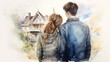 Young couple looking up at ther first house together, impressionistic, romantic style, white background
