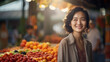 Young happy smiling asian woman stands in an outdoor market with fresh fruit and veg. Food stalls store, admiring a colourful assortment of fresh vegetables at a supermarket