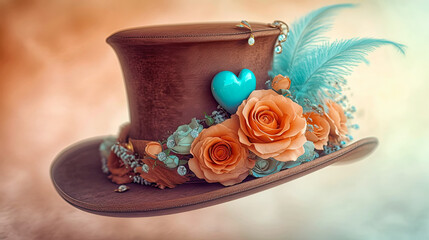 Wall Mural - Brown top hat decorated with turquoise heart and pale orange roses.