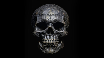 a sinister skull recessed in a black background