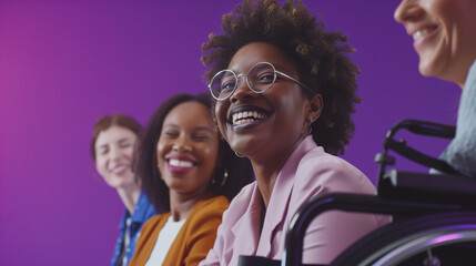 Wall Mural - Group of happy disabled office coworkers in wheelchairs against a purple background, workplace disabled team inclusion and diversity concept