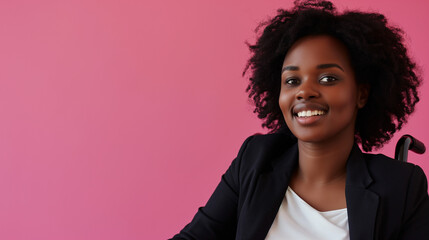 Wall Mural - Young smiling disabled black african american businesswoman in a wheelchair against a pink background, workplace inclusion and diversity concept