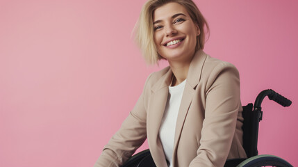 Wall Mural - Portrait of a smiling disabled blonde office worker in a wheelchair against a pink background, workplace inclusion and diversity concept