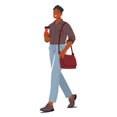 Poster - Focused Strides, Coffee In Hand, Man Navigates The Office Hustle. Determination In His Step Cartoon Vector Illustration