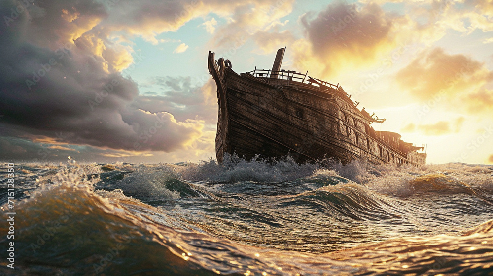 Noah's Ark, animals in the storm, bad weather, rain, sea, boat flood mountain, biblicaly history. bird dove religion story spirituality holy. old man with a beard.
