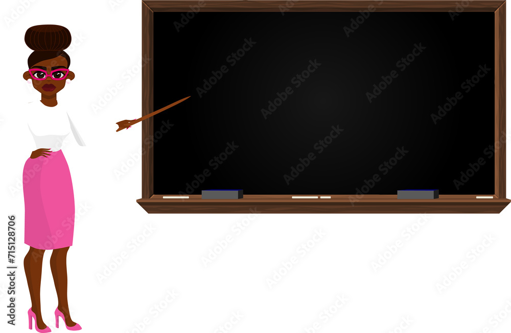 Black female teacher or instructor in a classroom pointing at a ...