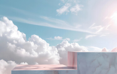 Poster - White podium in the blue sky with clouds background. High quality photo