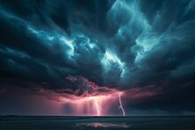 Thunderstorm With Lightning Strikes Over A Darkened Landscape