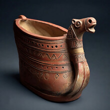Antique Pottery Vase In Shape Of Camel On Gray Background, Studio Shot.