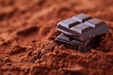 A piece of dark chocolate on cocoa powder.