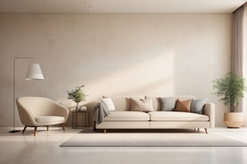 Wall Mural - Interior home design of modern living room with beige sofa and houseplants with beige stucco wall