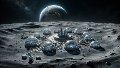 futuristic lunar base with earth in the background