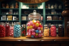 Glass Jar In A Candy Shop Full Of Colorful Small Wrapped Candies, Candy Day , Generative Ai 