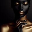 Beautiful black woman with golden make-up on black background. 