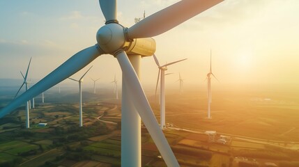 Wall Mural - An image of windturbines in the field at sunset.