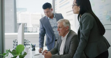 Computer, team or business people planning with ceo, financial strategy discussion or brainstorming ideas in office. Group, desktop technology or conversation in meeting, collaboration or cooperation
