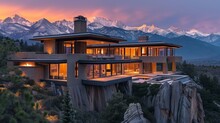 Luxury Home On A Cliff With Snow-capped Mountains In The Background, AI-generative