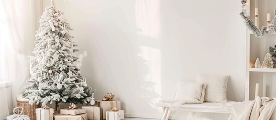 Wall Mural - Minimalist interior with clean white Christmas tree decorations