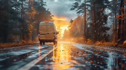 van to deliver a package moving down a road. truck in the rain