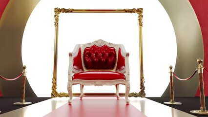 Wall Mural - 3D animation of red carpet leading to a red armchair with golden frame, vip concept