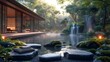 chinese zen temple near a lake. fountain in the garden
