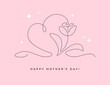 Greeting card or banner design for Mother's Day, Women's or Valentine's Day with elegant continuous monoline flower and heart shape illustration.