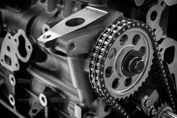 Aufkleber - new car timing chain on a disassembled engine in a car workshop. Timing chain in internal combustion engine