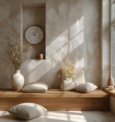 Wall Mural - window ledge with a clock a mirror and a vase. flowers in a window