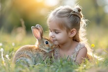 An Adorable Fluffy Bunny Playing With A Child In A Tender Moment. Rabbit With Soft Fur And Curious Eyes In A Silent Bond Of Friendship With A Child.