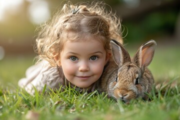 Canvas Print - An adorable fluffy bunny playing with a child in a tender moment. Rabbit with soft fur and curious eyes in a silent bond of friendship with a child.