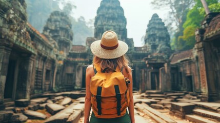 Canvas Print - A woman with a hat and backpack walking through ruins, AI